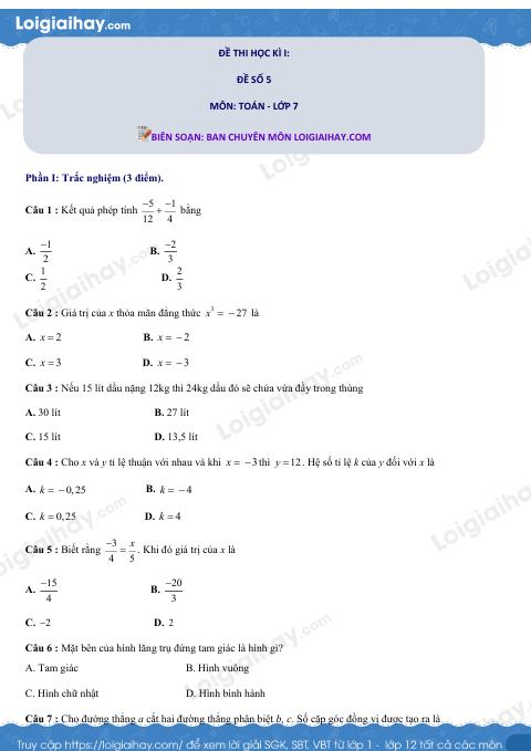 Đề thi học kì 1 Toán 7 - Đề số 5 - Cánh diều